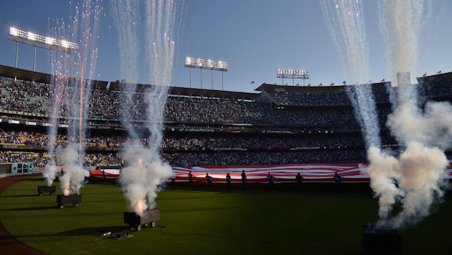 American flag, Dodger Stadium, fireworks