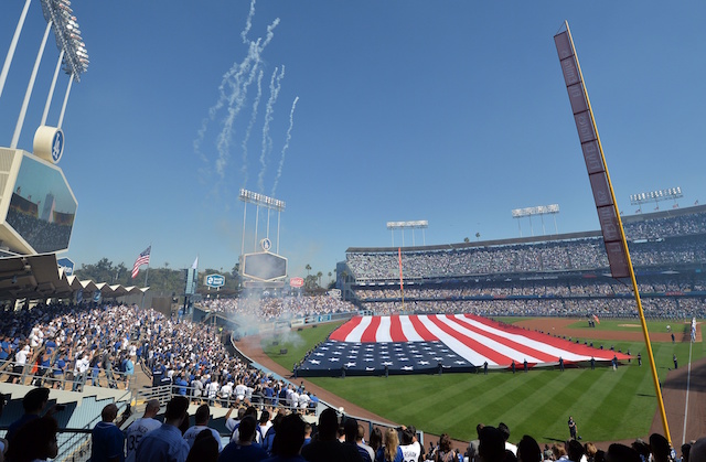 Dodger Stadium view, American flag