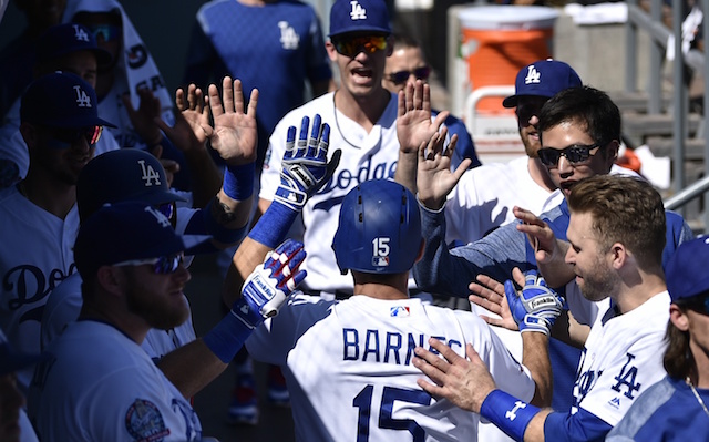 Austin Barnes, Cody Bellinger, Brian Dozier, Max Muncy, Dodgers dugout