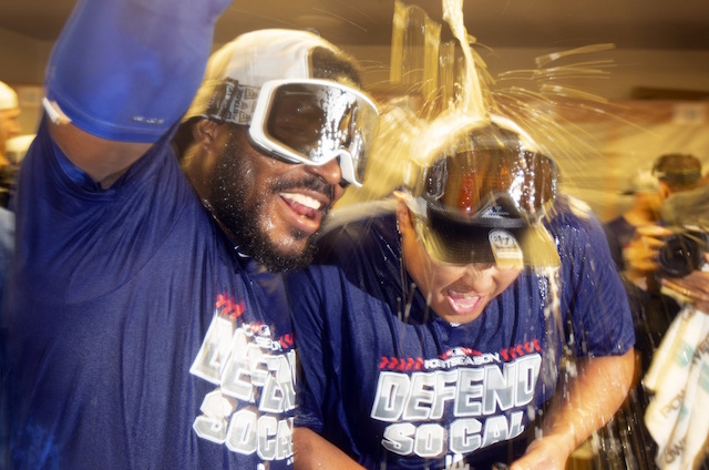 Yasiel Puig, Hyun-Jin Ryu, Dodgers 2018 postseason celebration