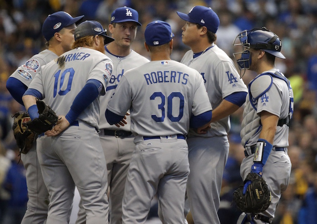 Austin Barnes, David Freese, Kiké Hernandez, Dave Roberts, Hyun-Jin Ryu, Justin Turner, 2018 NLCS