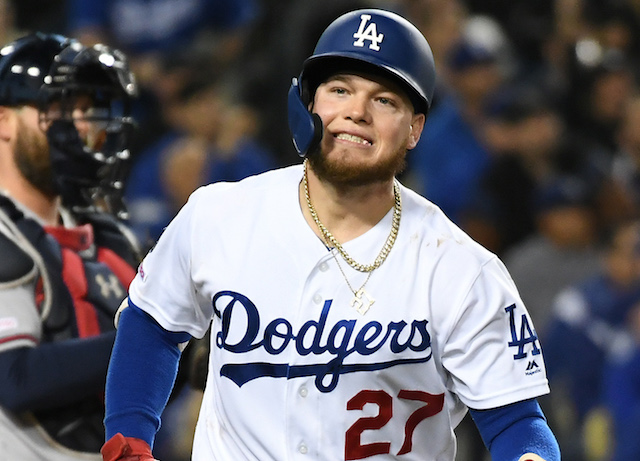 Los Angeles Dodgers outfielder Alex Verdugo reacts