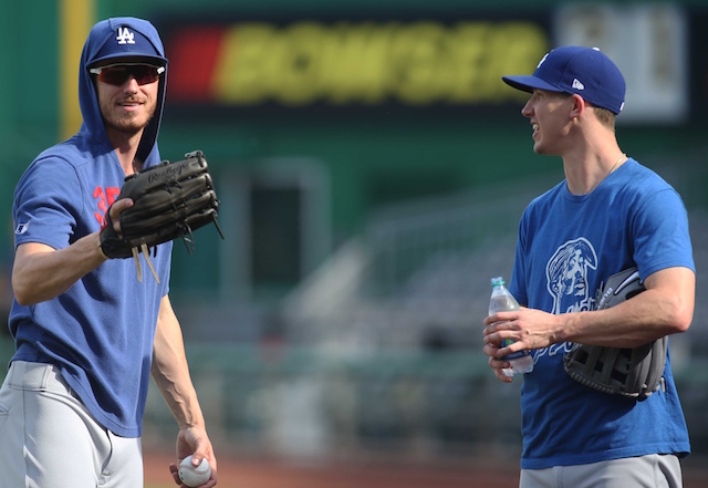 Los Angeles Dodgers outfielder Cody Bellinger and pitcher Walker Buehler during batting practice at PNC Park