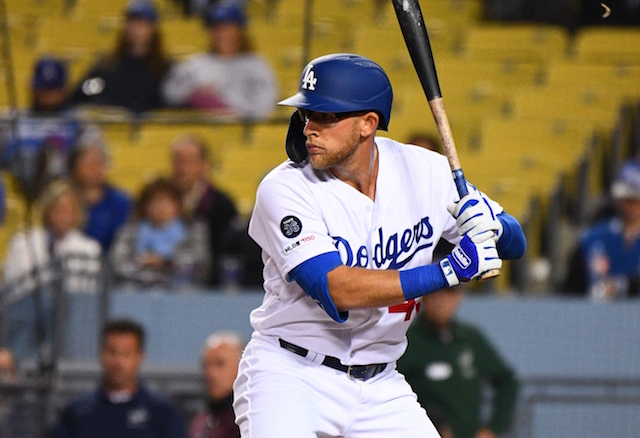 Los Angeles Dodgers infielder Matt Beaty at bat against the New York Mets