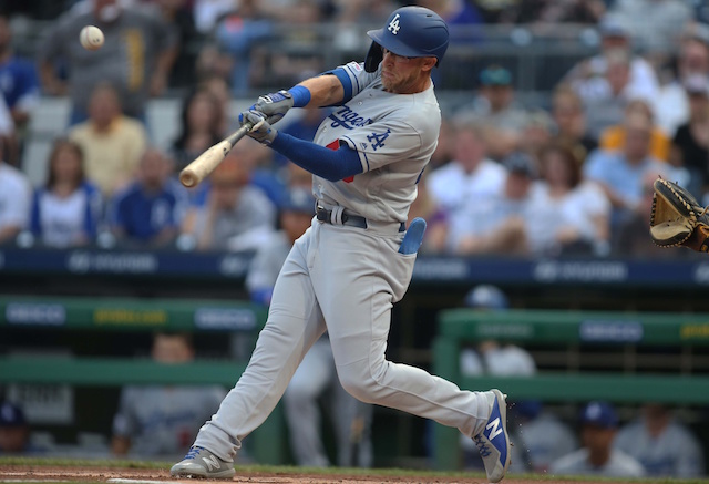 Los Angeles Dodgers infielder Matt Beaty leads off with a hit against the Pittsburgh Pirates