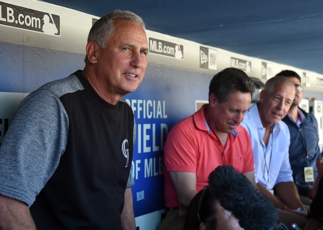 Colorado Rockies manager Bud Black in the dugout at Dodger Stadium