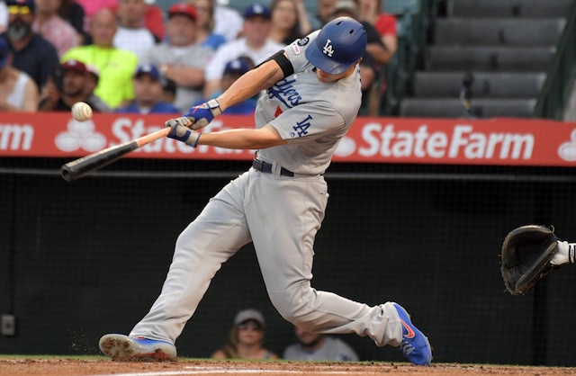 Los Angeles Dodgers shortstop Corey Seager hits a double against the Los Angeles Angels of Anaheim