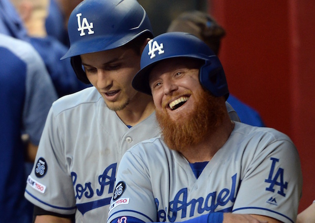 Los Angeles Dodgers teammates Corey Seager and Justin Turner in the dugout at Chase Field