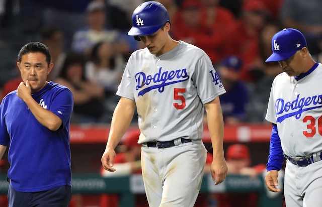 Los Angeles Dodgers manager Dave Roberts and a team trainer walk off the field with Corey Seager after his hamstring injury