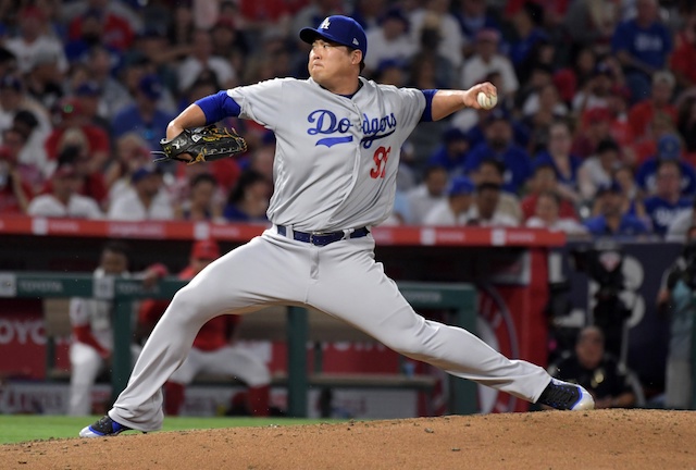 Los Angeles Dodgers starting pitcher Hyun-Jin Ryu against the Los Angeles Angels of Anaheim