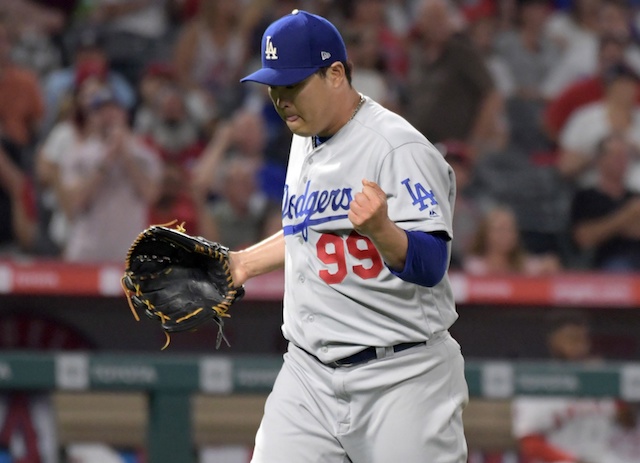 Los Angeles Dodgers starting pitcher Hyun-Jin Ryu against the Los Angeles Angels of Anaheim