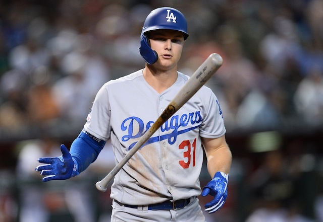 Los Angeles Dodgers outfielder Joc Pederson reacts after striking out against the Arizona Diamondbacks