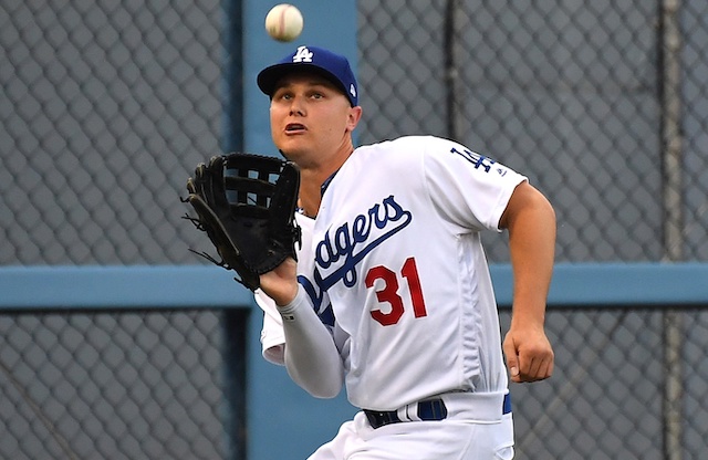 Los Angeles Dodgers outfielder Joc Pederson makes a catch at Dodger Stadium