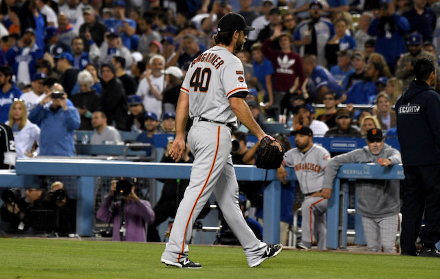 San Francisco Giants pitcher Madison Bumgarner walks off the field at Dodger Stadium