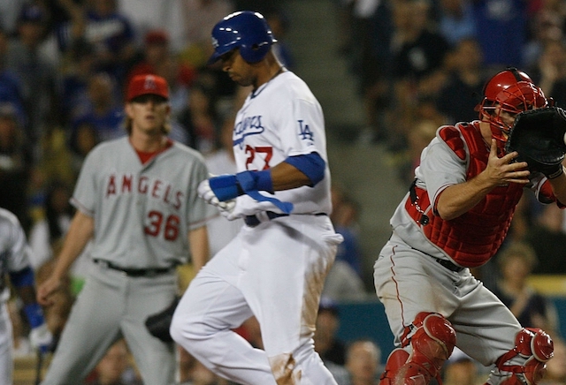 Matt Kemp scores the only run as the Los Angeles Dodgers are no-hit by the Los Angeles Angels at Dodger Stadium