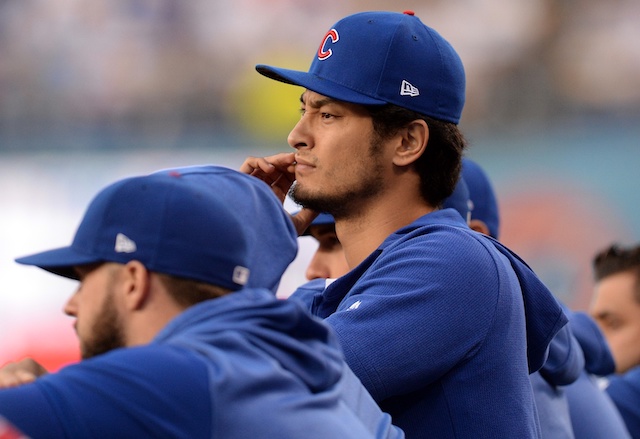 Chicago Cubs starting pitcher Yu Darvish in the dugout during a game at Dodger Stadium