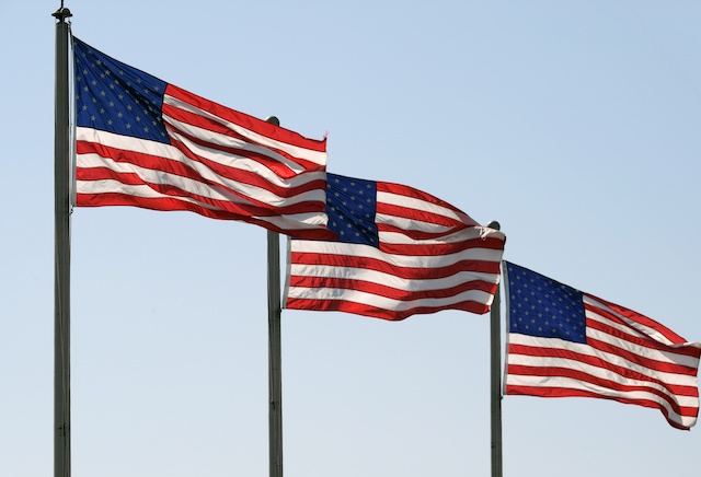 General view of the American Flags flying atop Dodger Stadium