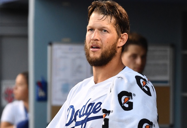 Los Angeles Dodgers starting pitcher Clayton Kershaw in the dugout at Dodger Stadium