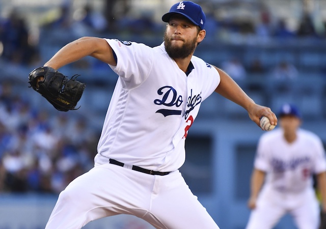 Los Angeles Dodgers pitcher Clayton Kershaw with shortstop Corey Seager playing defense