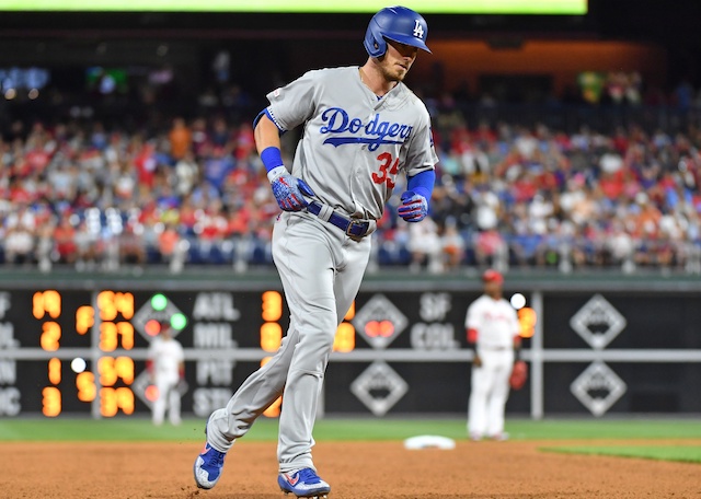 Los Angeles Dodgers right fielder Cody Bellinger rounds the bases after hitting a home run against the Philadelphia Phillies