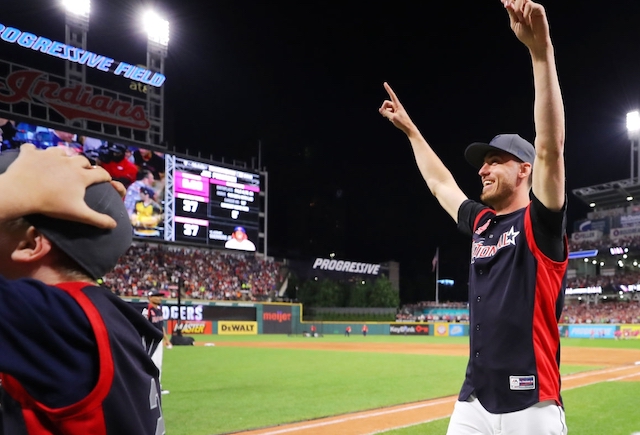 Los Angeles Dodgers right fielder Cody Bellinger reacts during the 2019 Home Run Derby at Progressive Field