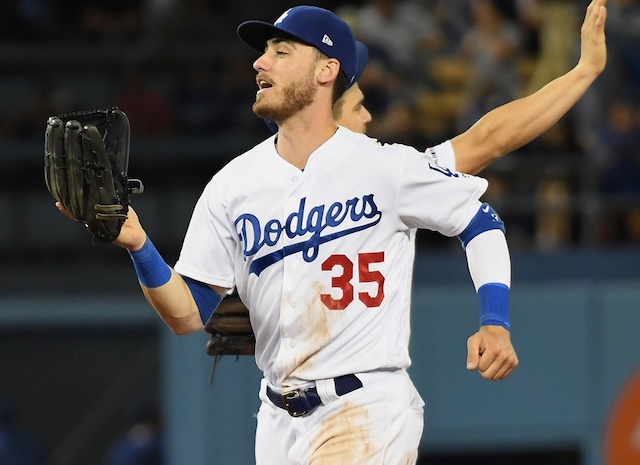 Los Angeles Dodgers right fielder Cody Bellinger celebrates after a win against the Miami Marlins