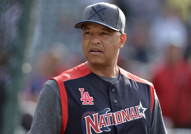 Los Angeles Dodgers manager Dave Roberts during a workout for the 2019 All-Star Game at Progressive Field