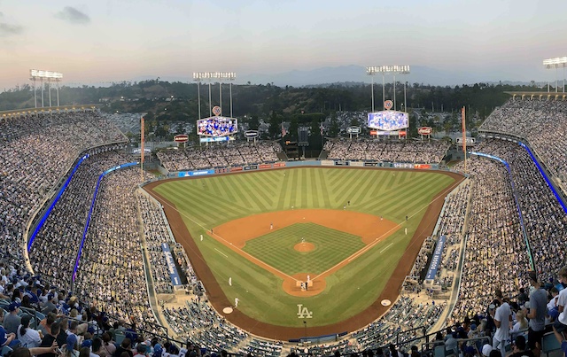 General view of Dodger Stadium during a game between the Los Angeles Dodgers and San Diego Padres