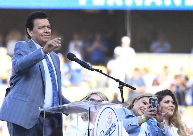 Former Los Angeles Dodgers pitcher Fernando Valenzuela speaks during his Legends of Dodger Baseball ceremony