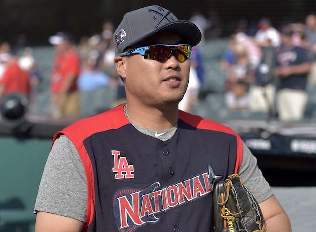 Los Angeles Dodgers starting pitcher Hyun-Jin Ryu during a workout for the 2019 All-Star Game at Progressive Field