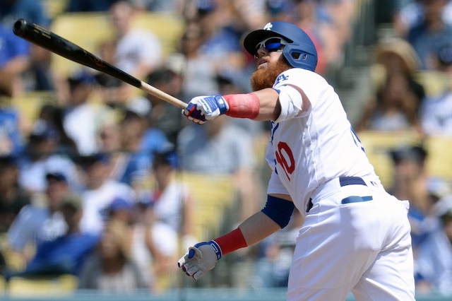 Los Angeles Dodgers third baseman Justin Turner hits a home run against the San Diego Padres