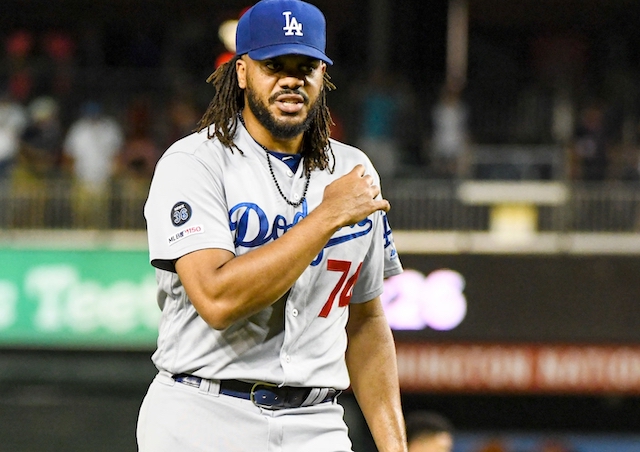 Los Angeles Dodgers closer Kenley Jansen reacts after a save against the Washington Nationals