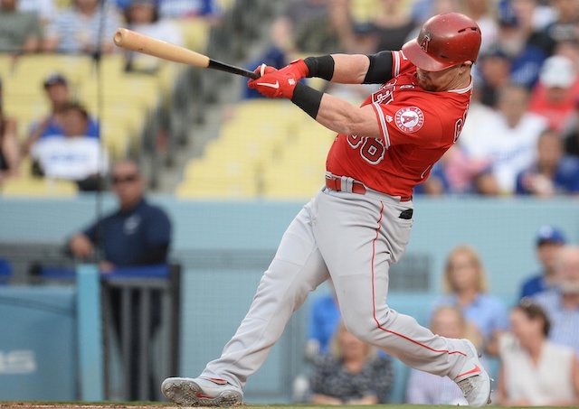 Los Angeles Angels of Anaheim right fielder Kole Calhoun hits a double against the Los Angeles Dodgers