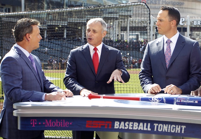 MLB commissioner Rob Manfred during an interview with Karl Ravech before the 2019 MLB All-Star Game at Progressive Field