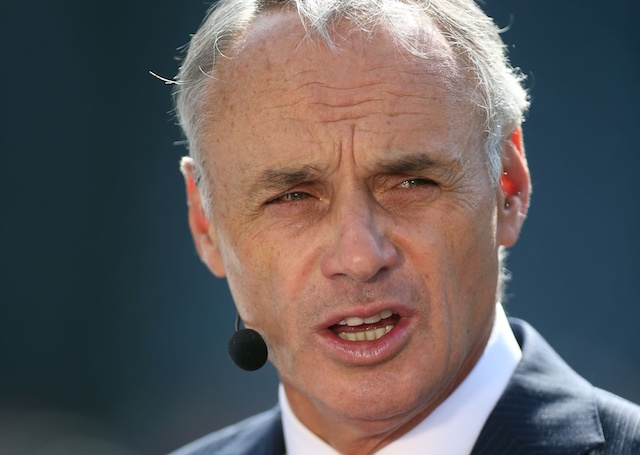 MLB commissioner Rob Manfred during an interview before the 2019 MLB All-Star Game at Progressive Field