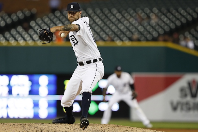 Detroit Tigers closer Shane Greene pitches in a game at Comerica Park