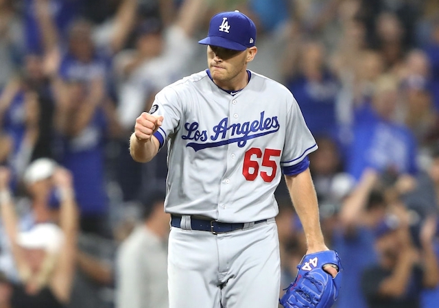 Los Angeles Dodgers relief pitcher Casey Sadler reacts after his first career MLB save