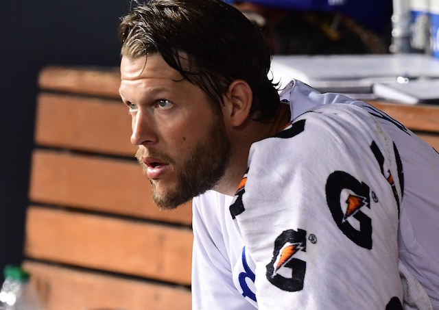 Los Angeles Dodgers starting pitcher Clayton Kershaw in the dugout at Dodger Stadium