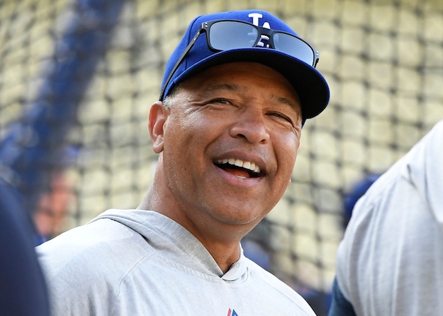 Los Angeles Dodgers manager Dave Roberts during batting practice at Dodger Stadium