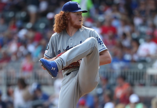 Los Angeles Dodgers pitcher Dustin May in a game against the Atlanta Braves