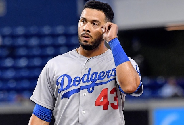 Los Angeles Dodgers infielder Edwin Rios reacts