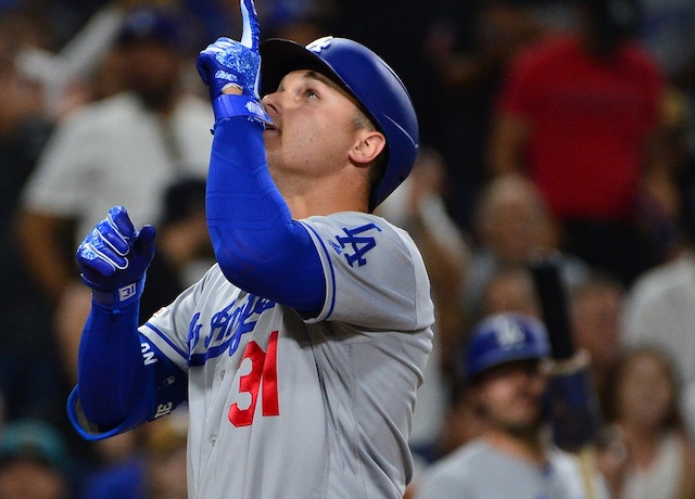 Los Angeles Dodgers outfielder Joc Pederson celebrates after hitting a home run