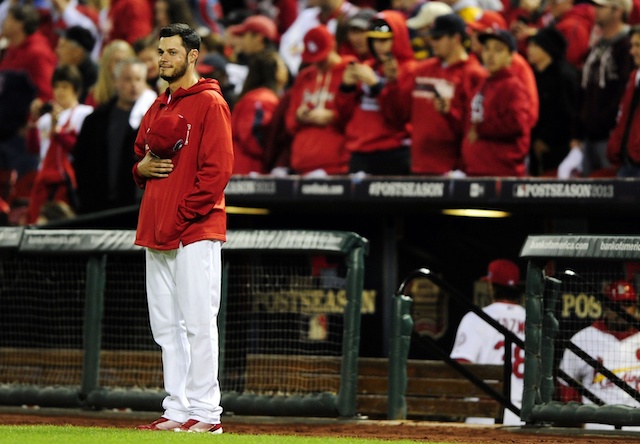 Former St. Louis Cardinals pitcher Joe Kelly during a national anthem standoff before a game against the Los Angeles Dodgers in the 2013 NLCS