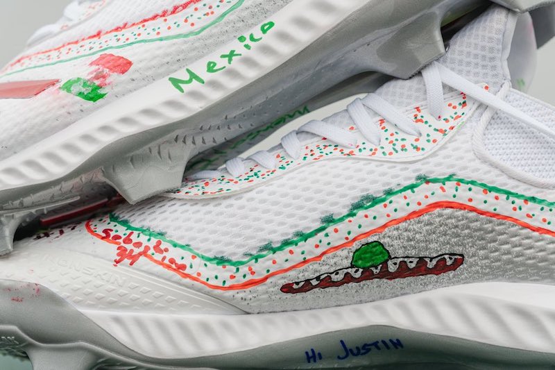 Adidas cleats that were designed by a Little League team to be worn by Los Angeles Dodgers third baseman Justin Turner during 2019 MLB Players Weekend