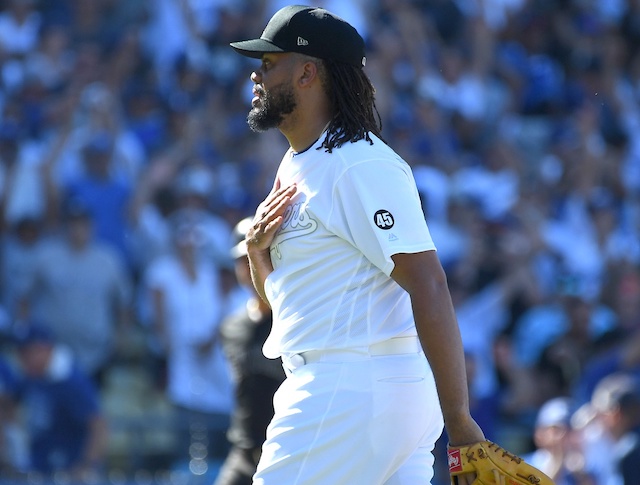 Los Angeles Dodges closer Kenley Jansen celebrates after a win against the New York Yankees