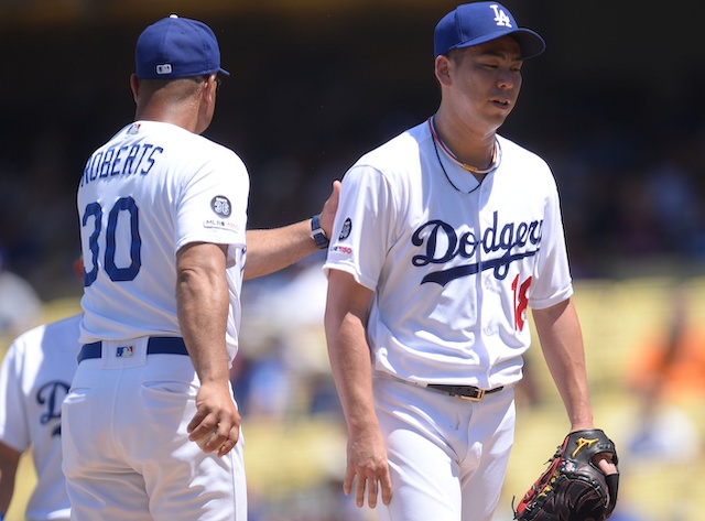 Los Angeles Dodgers manager Dave Roberts removes Kenta Maeda from a start