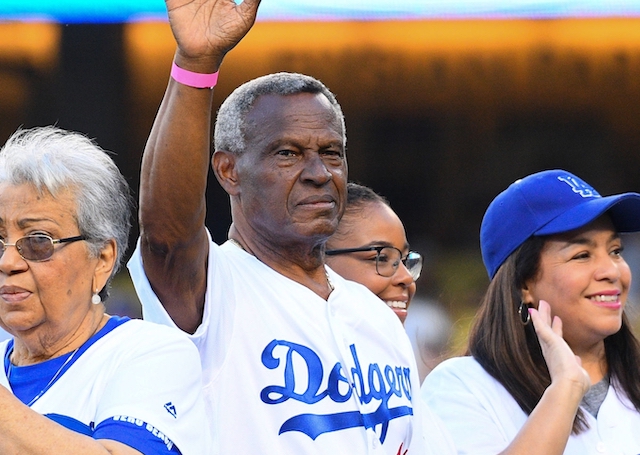 Los Angeles Dodgers honor Manny Mota during an pregame ceremony at Dodger Stadium