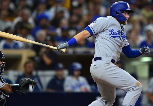 Los Angeles Dodgers outfielder Matt Beaty hits a single against the San Diego Padres