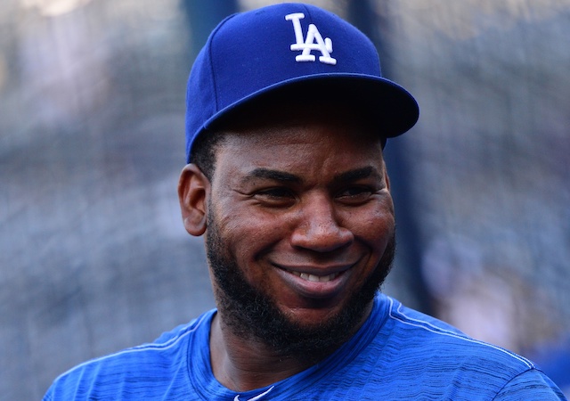 Los Angeles Dodgers relief pitcher Pedro Baez during batting practice at Petco Park