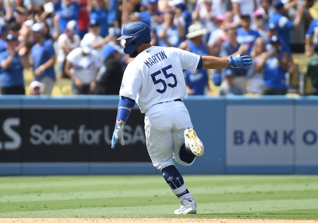 Los Angeles Dodgers catcher Russell Martin celebrates after a walk-off hit